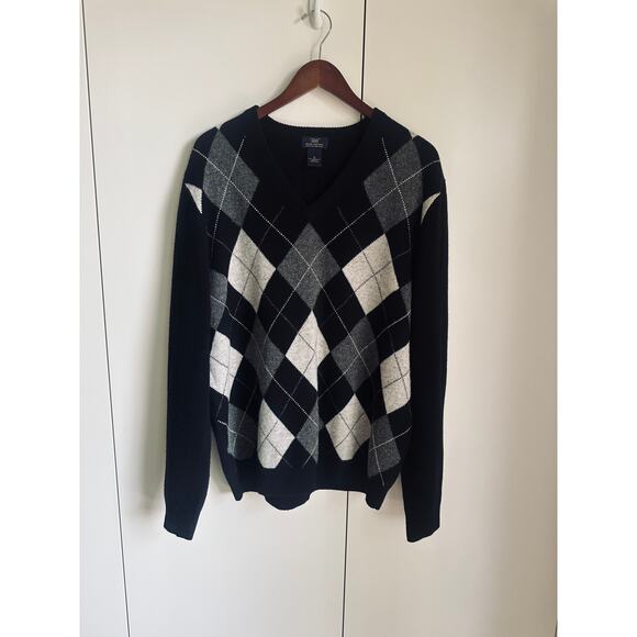 Men's Brooks Brothers Argyle Sweater Scottich Lambswool Black Gray Size XL Twee - Picture 7 of 8